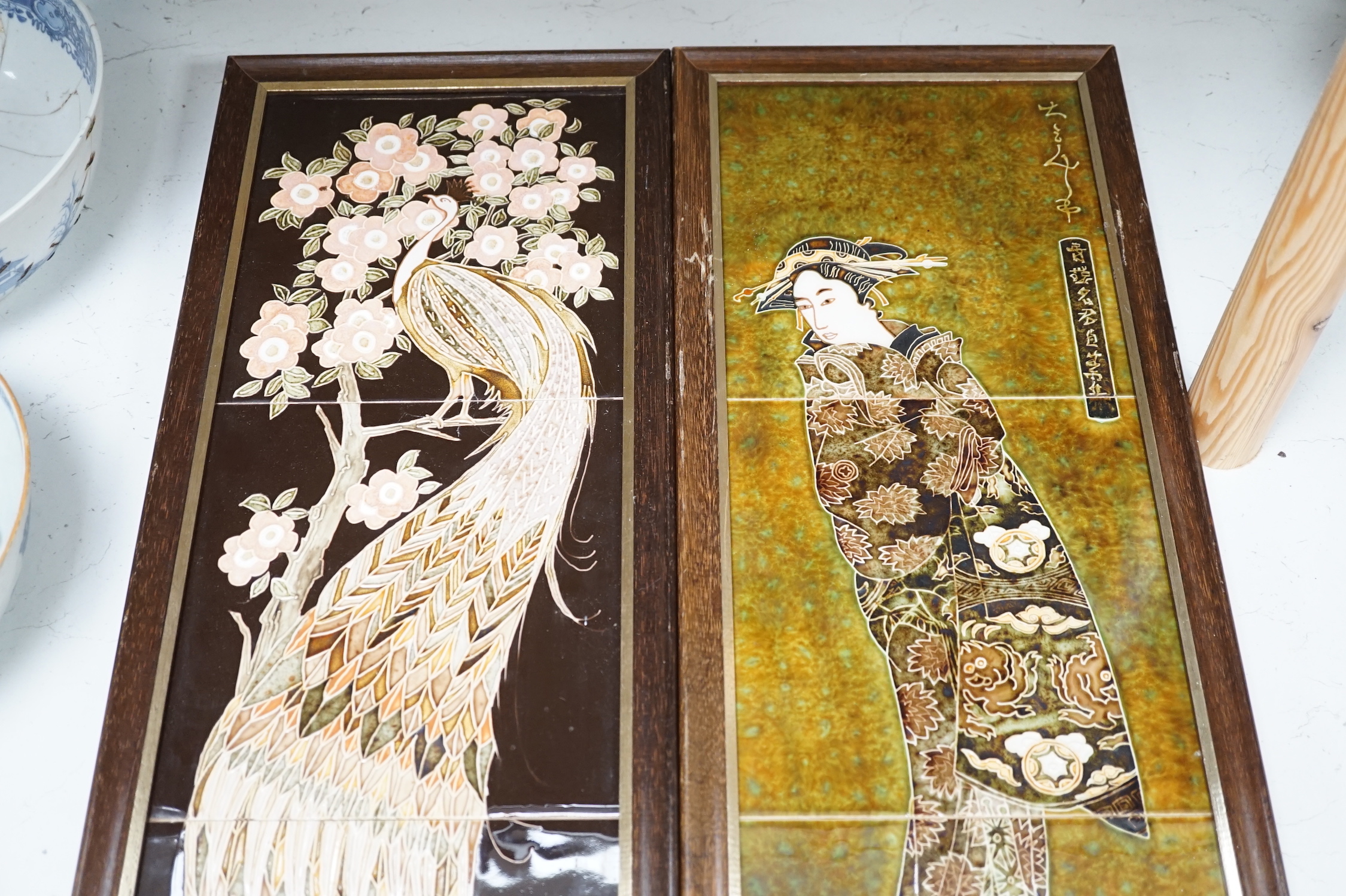 Maw & Co., Stoke on Trent, two framed tile pictures, 65x24cm total